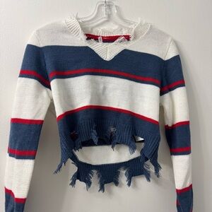 Striped Distressed Cropped Sweater | Size L